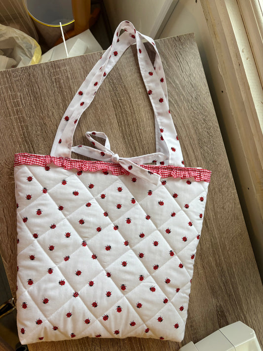 Red and White Quilted Ladybug Ruffle Tote Bag