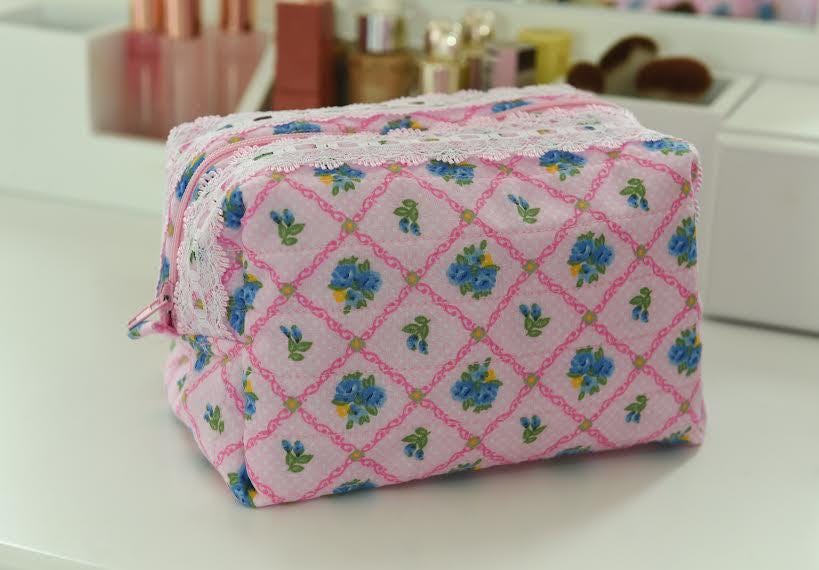 Handmade Pink Floral Quilted Makeup Bag