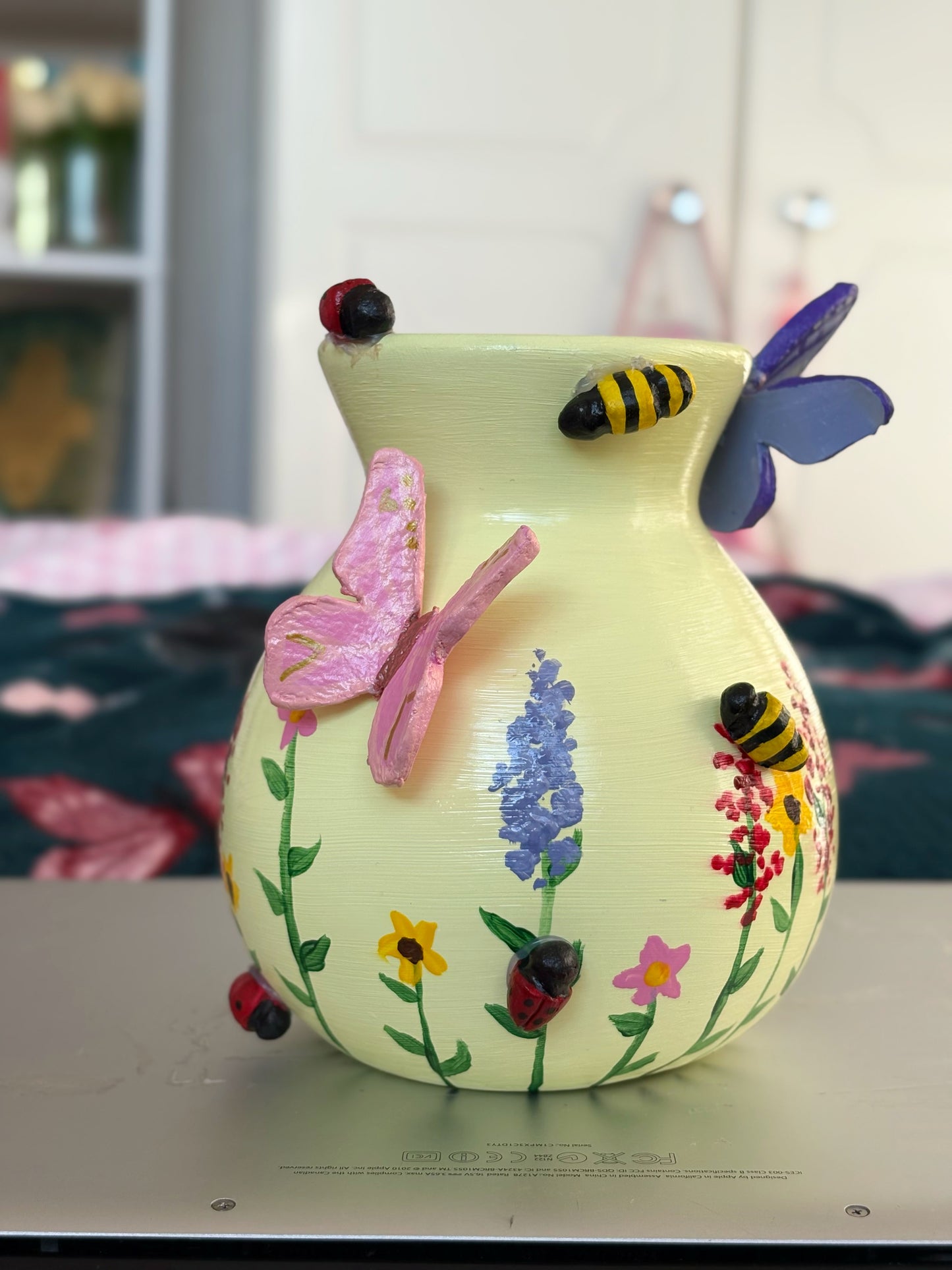 Pastel Wildlife Bulb Vase with Hand Painted Flowers and Clay Bees, Butterflies and Ladybugs