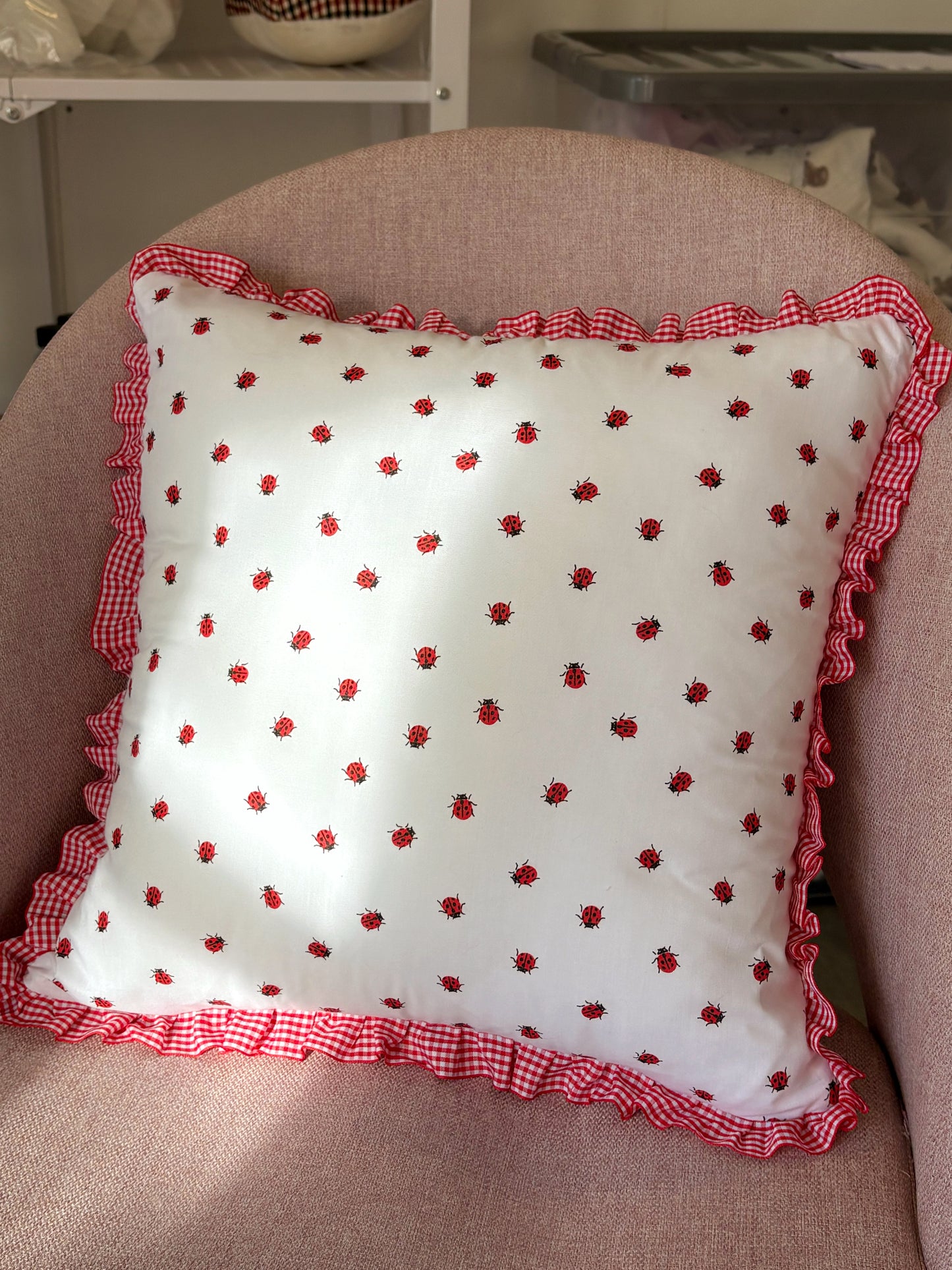 Red and White Ladybug and Gingham Ruffle Cushion