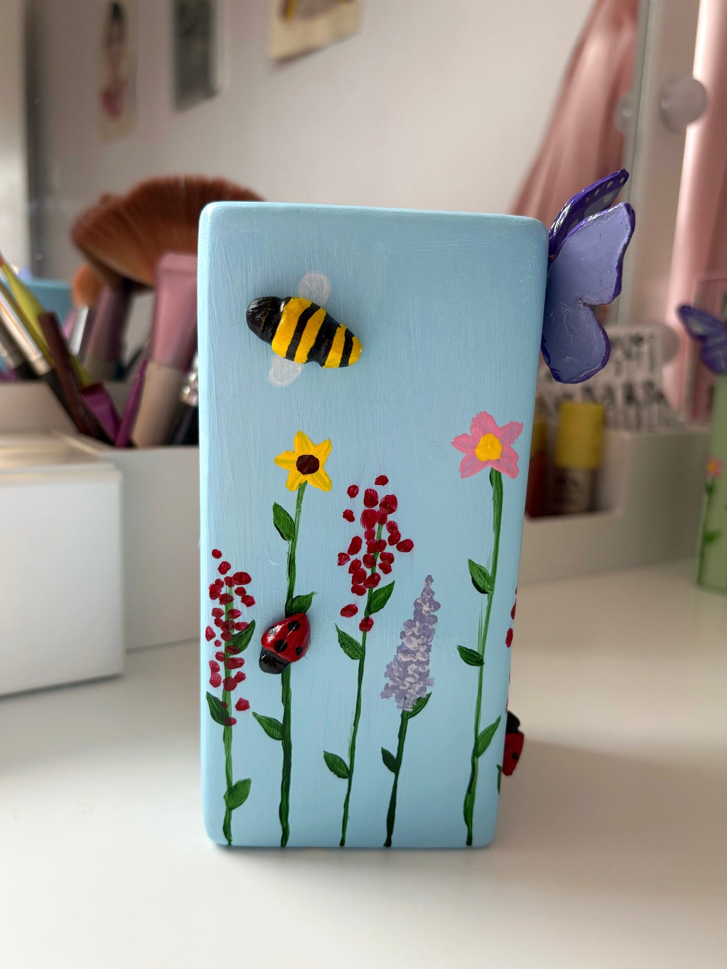 3D pastel wildlife vases, with hand painted wild flowers, clay bees, butterflies and ladybug, spring vase