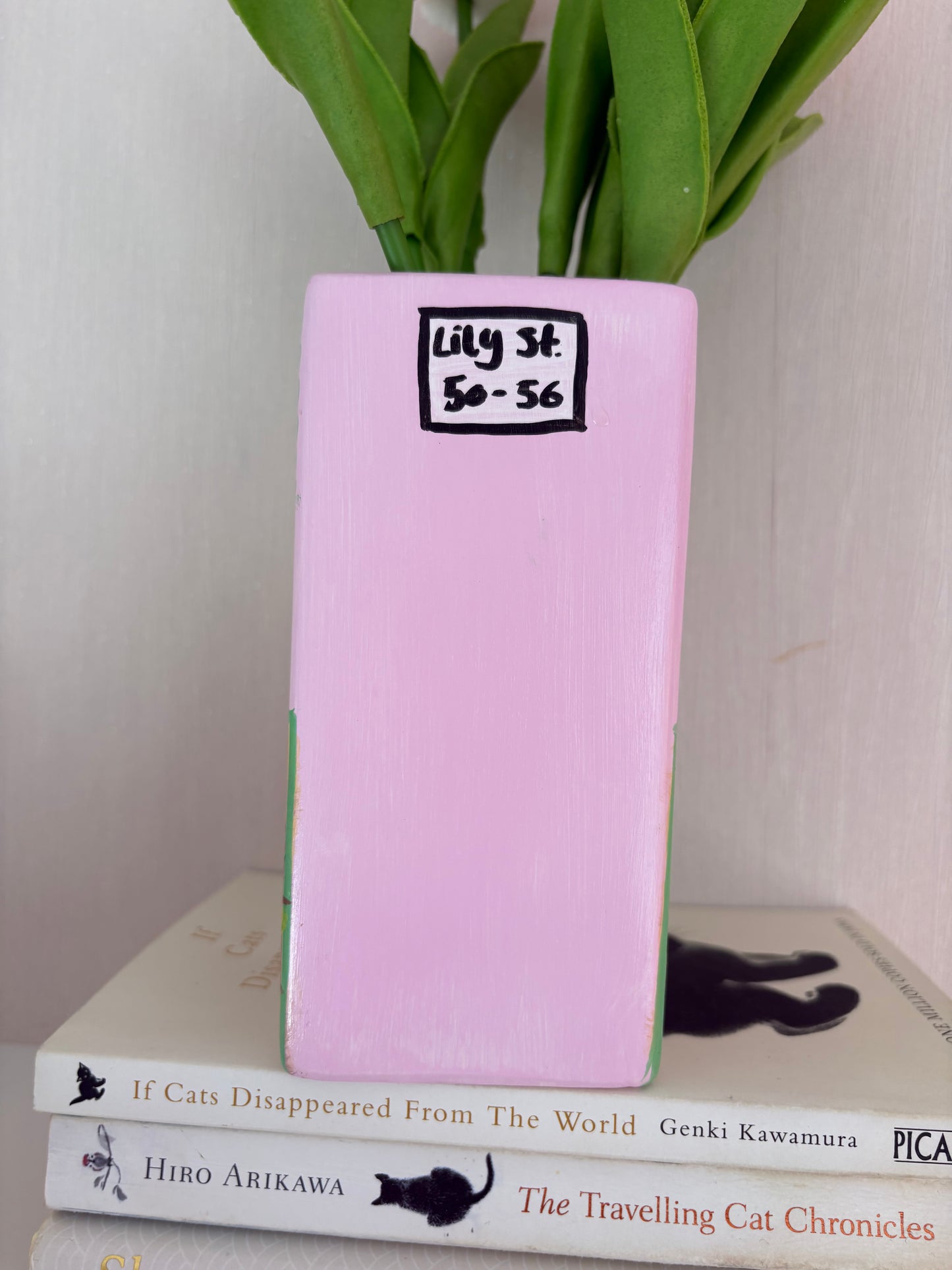 One of a Kind Pink Flower Shop Hand Painted Vase