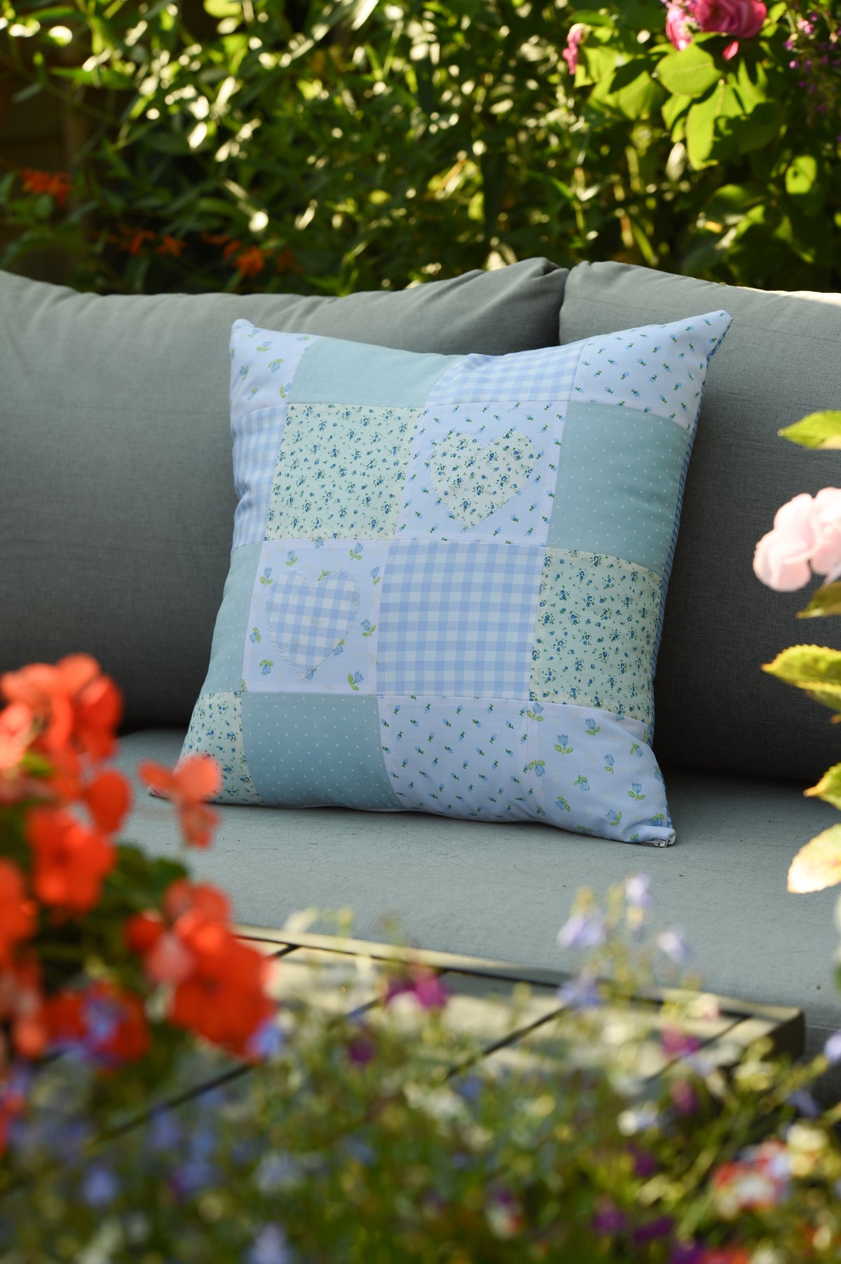 Handmade Heart Appliqué Patchwork Cushion