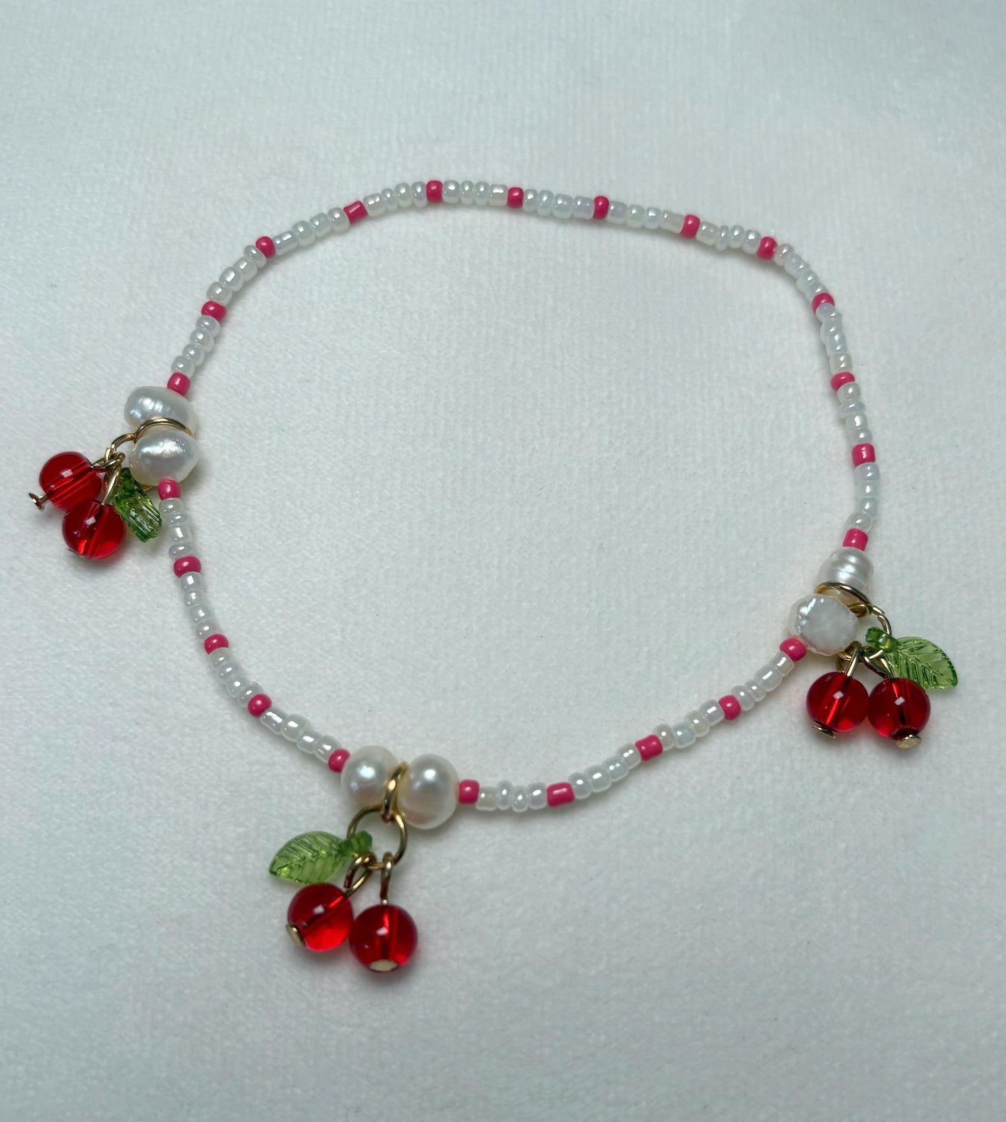 Red and white cherry fruit beaded pearl anklet