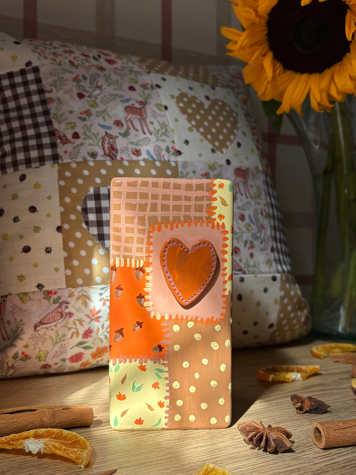 Hand painted autumn patch work quilt vase with 3d heart