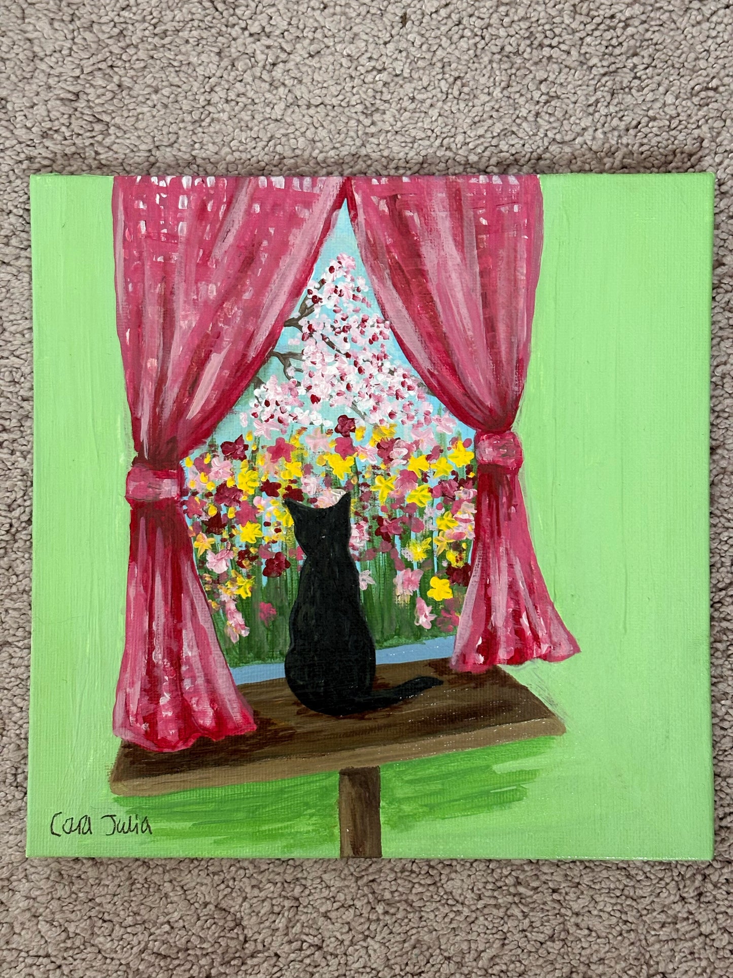 Original Acrylic Painting on Canvas, Black Cat Looking Out Window at Flowers