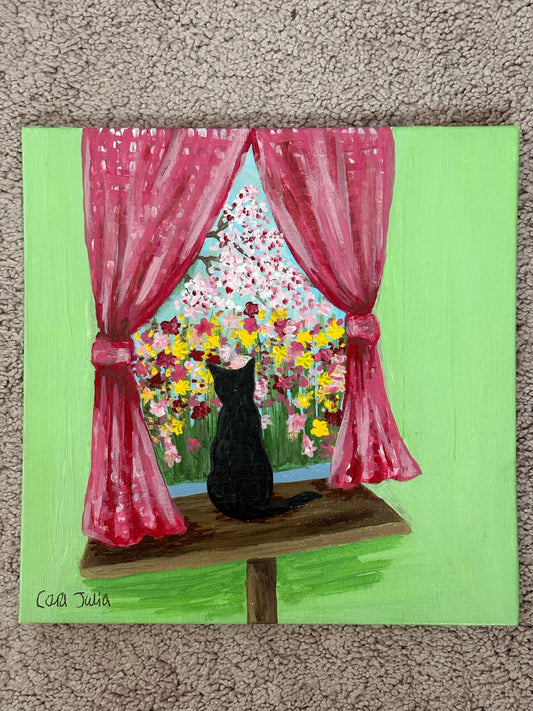 Original Acrylic Painting on Canvas, Black Cat Looking Out Window at Flowers