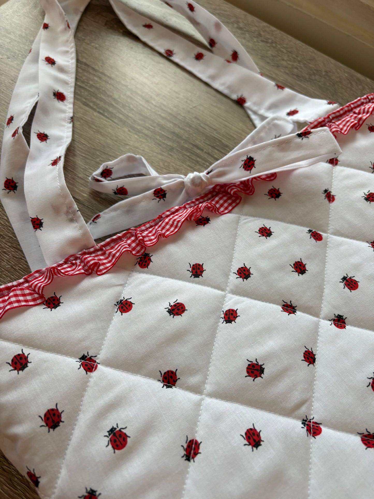Red and White Quilted Ladybug Ruffle Tote Bag