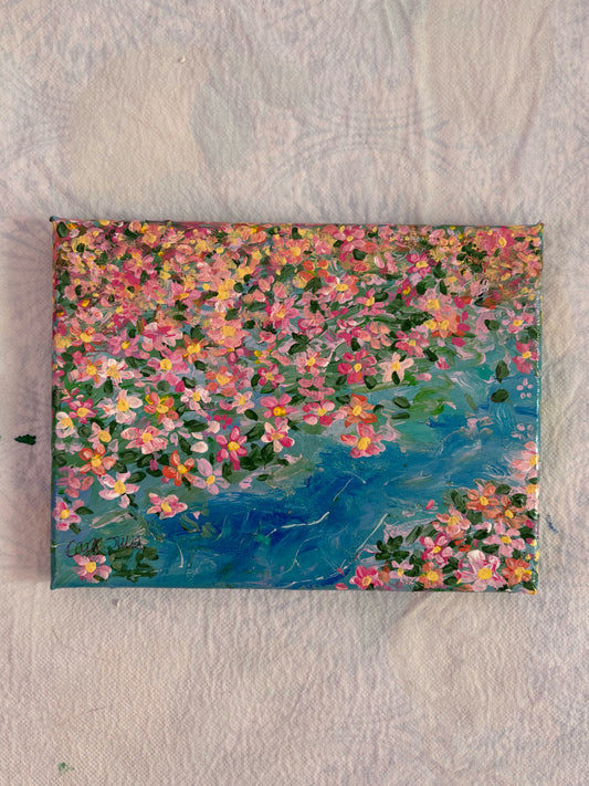 Original hand painted acrylic flower art with lake on canvas