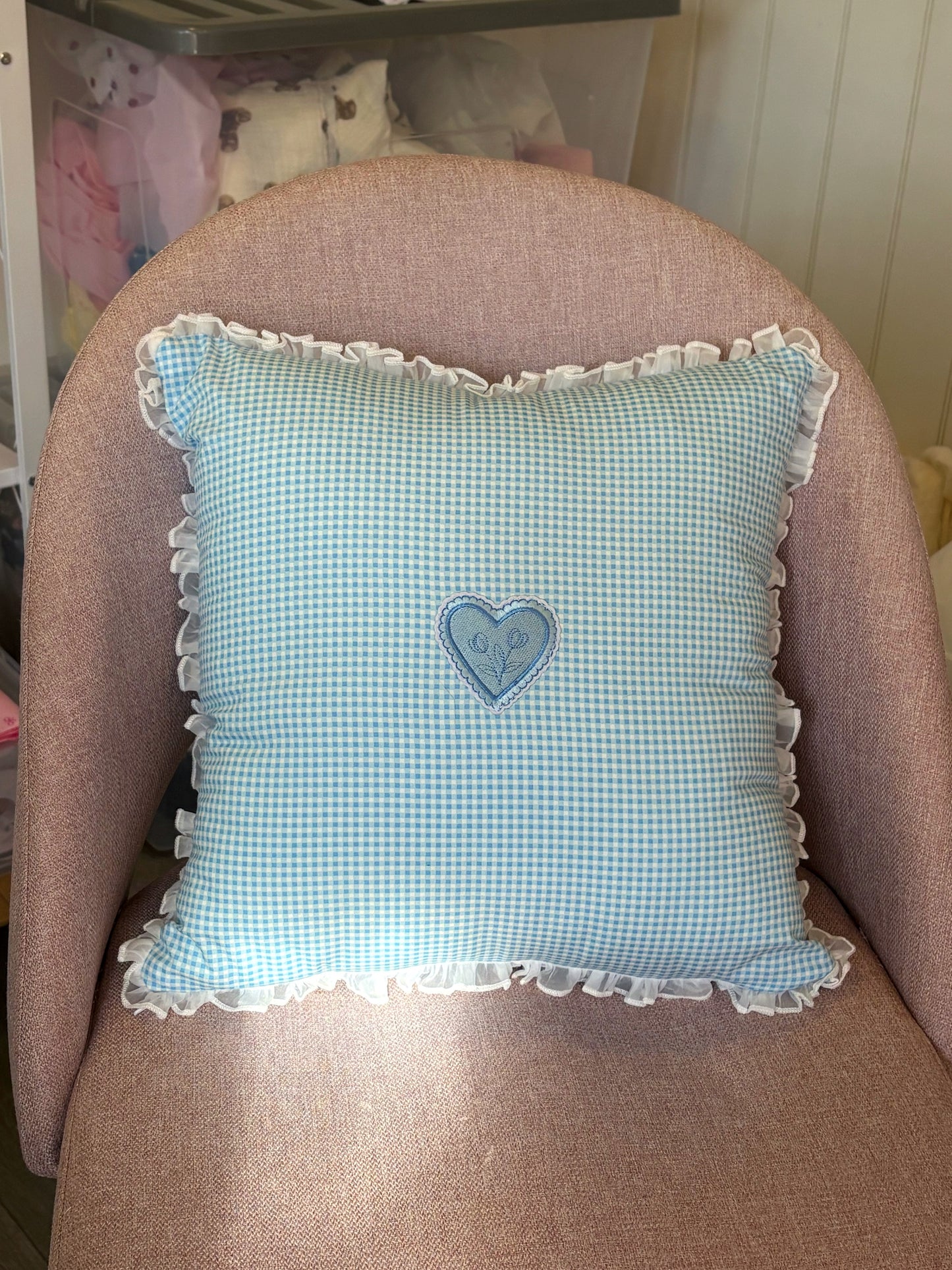 Blue Gingham and Chiffon Ruffle Cushion with Appliqué Heart