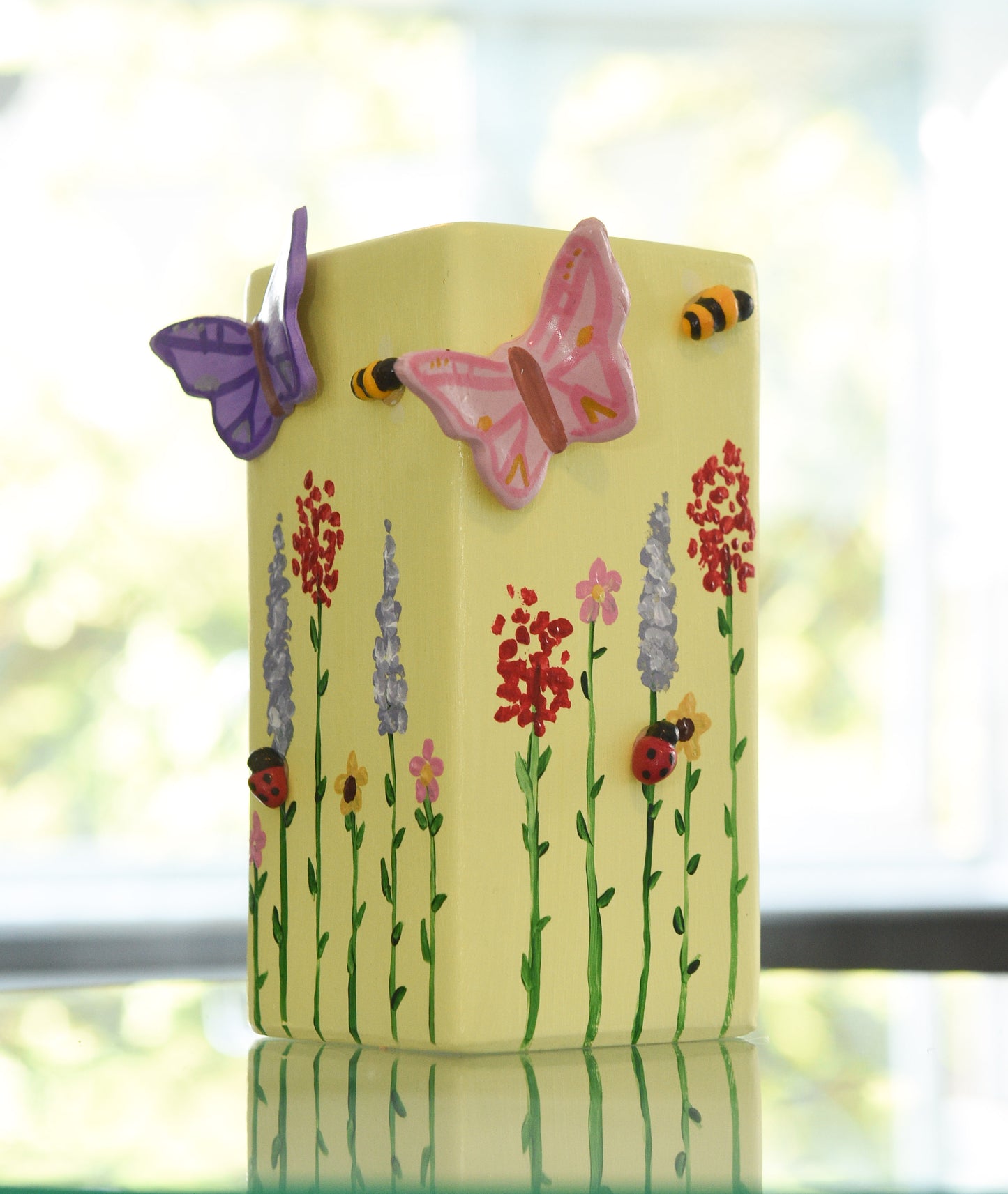 3D pastel wildlife vases, with hand painted wild flowers, clay bees, butterflies and ladybug, spring vase