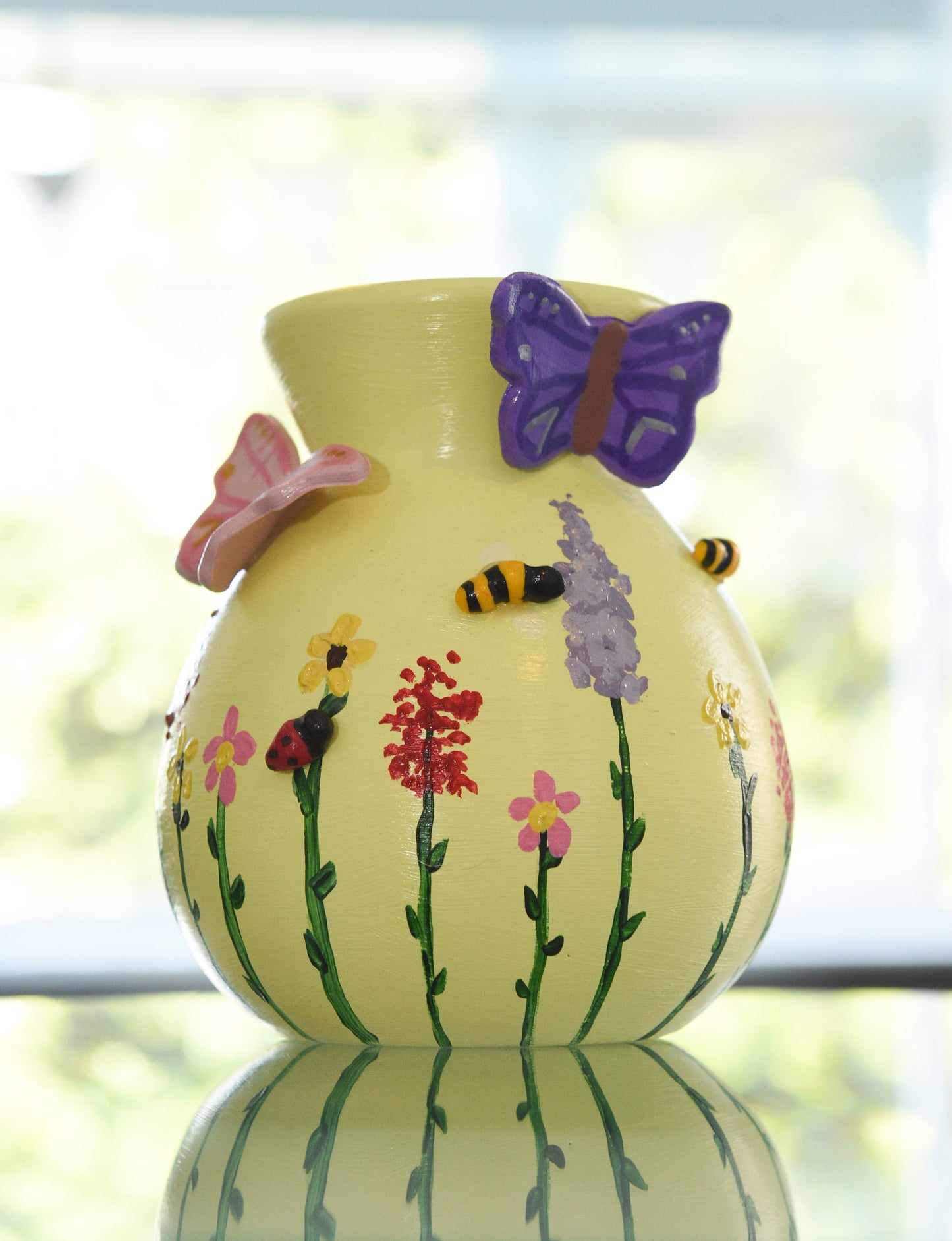 Pastel Wildlife Bulb Vase with Hand Painted Flowers and Clay Bees, Butterflies and Ladybugs