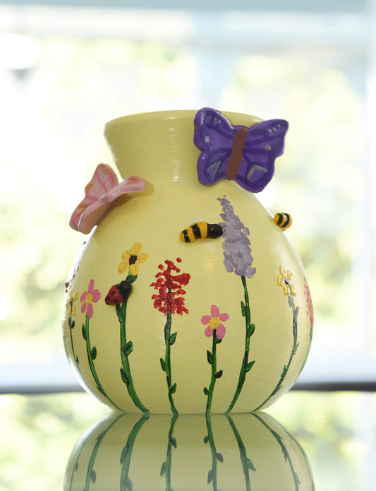 Pastel Wildlife Bulb Vase with Hand Painted Flowers and Clay Bees, Butterflies and Ladybugs