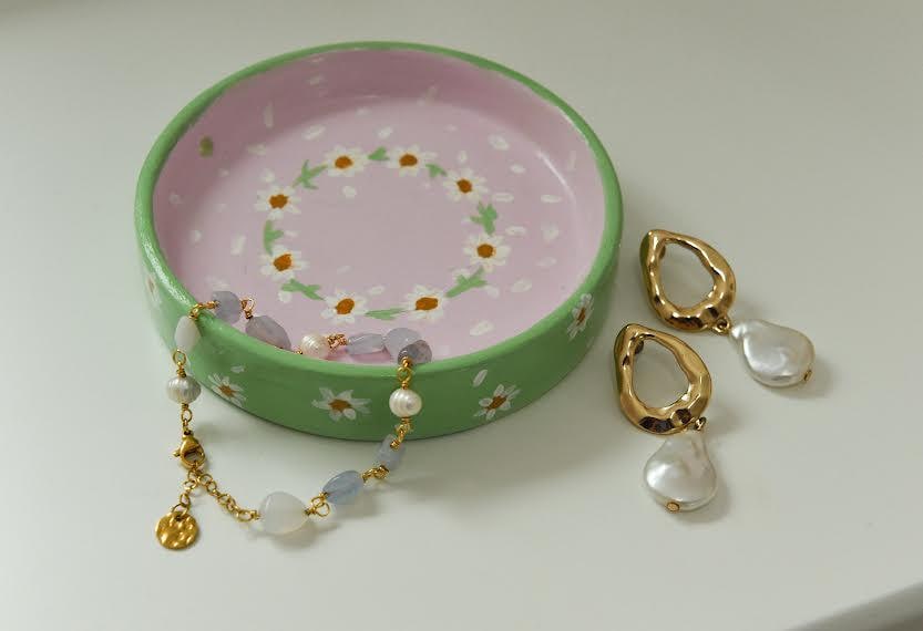 One of a Kind Pink and Green Hand Painted Floral Trinket Soap Dish