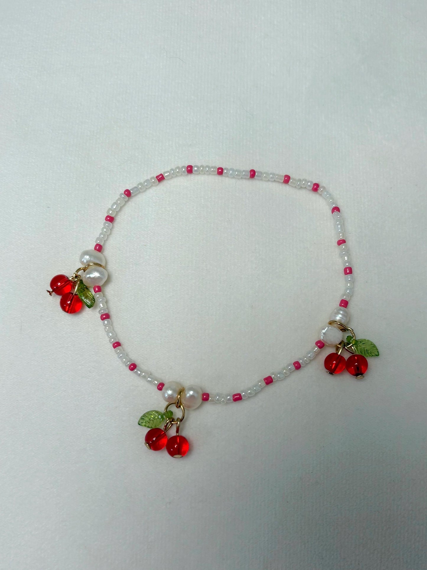 Red and white cherry fruit beaded pearl anklet