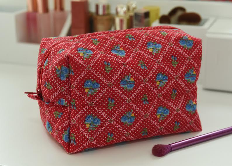 Handmade Red Floral Quilted Makeup Bag