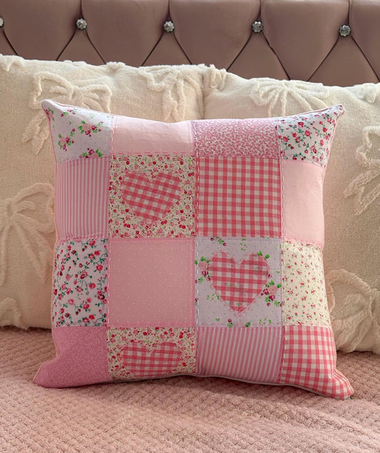 Handmade Pink Heart Patchwork Cushion
