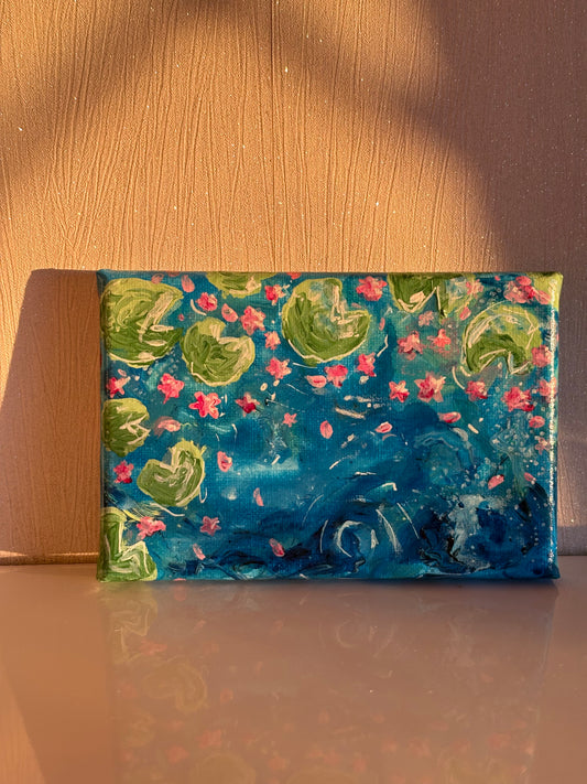 Original hand painted acrylic water and Lily pads with flowers art on canvas