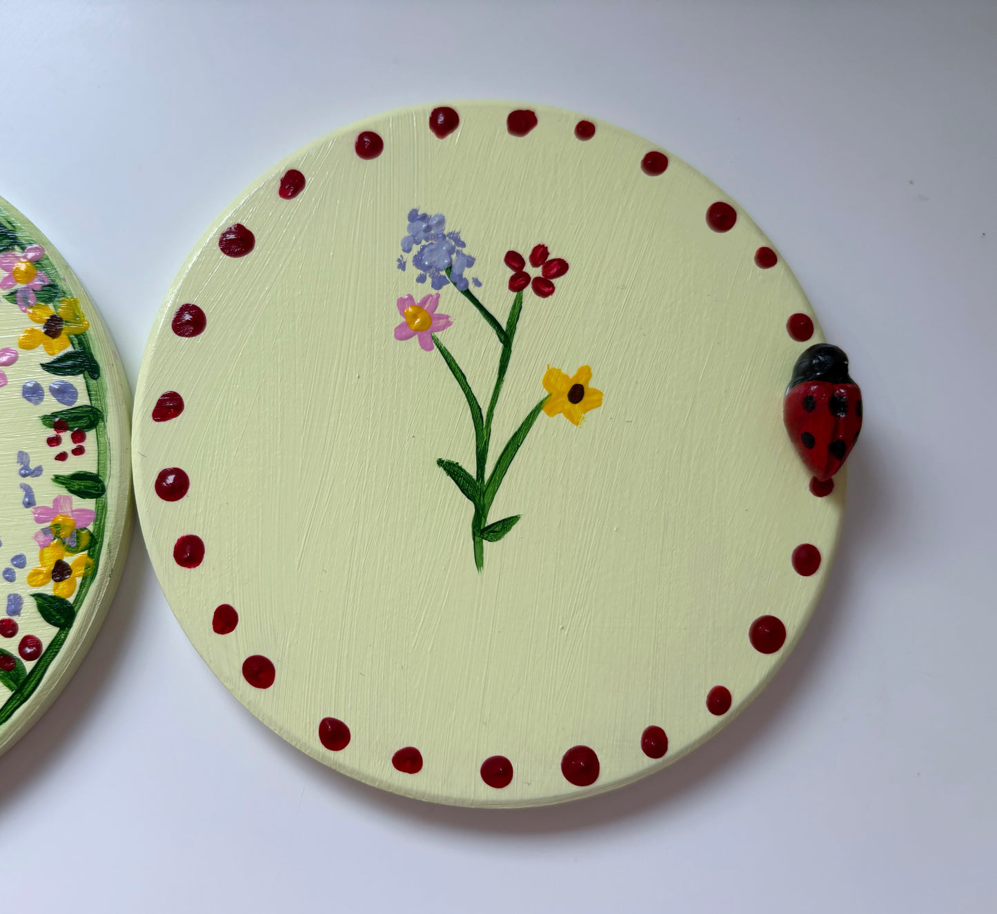 Pastel wildlife coasters, with hand painted wild flowers and a clay ladybug.
