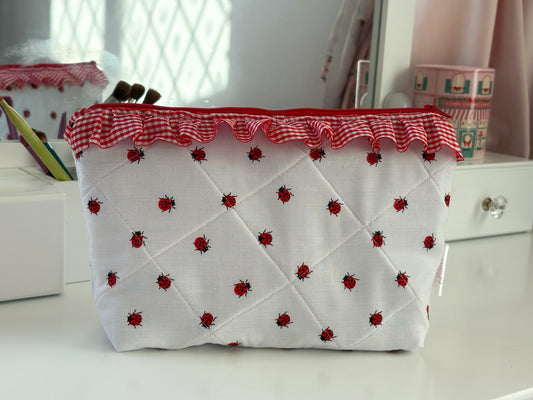 Handmade Red and White Ladybug Frill Makeup Bag
