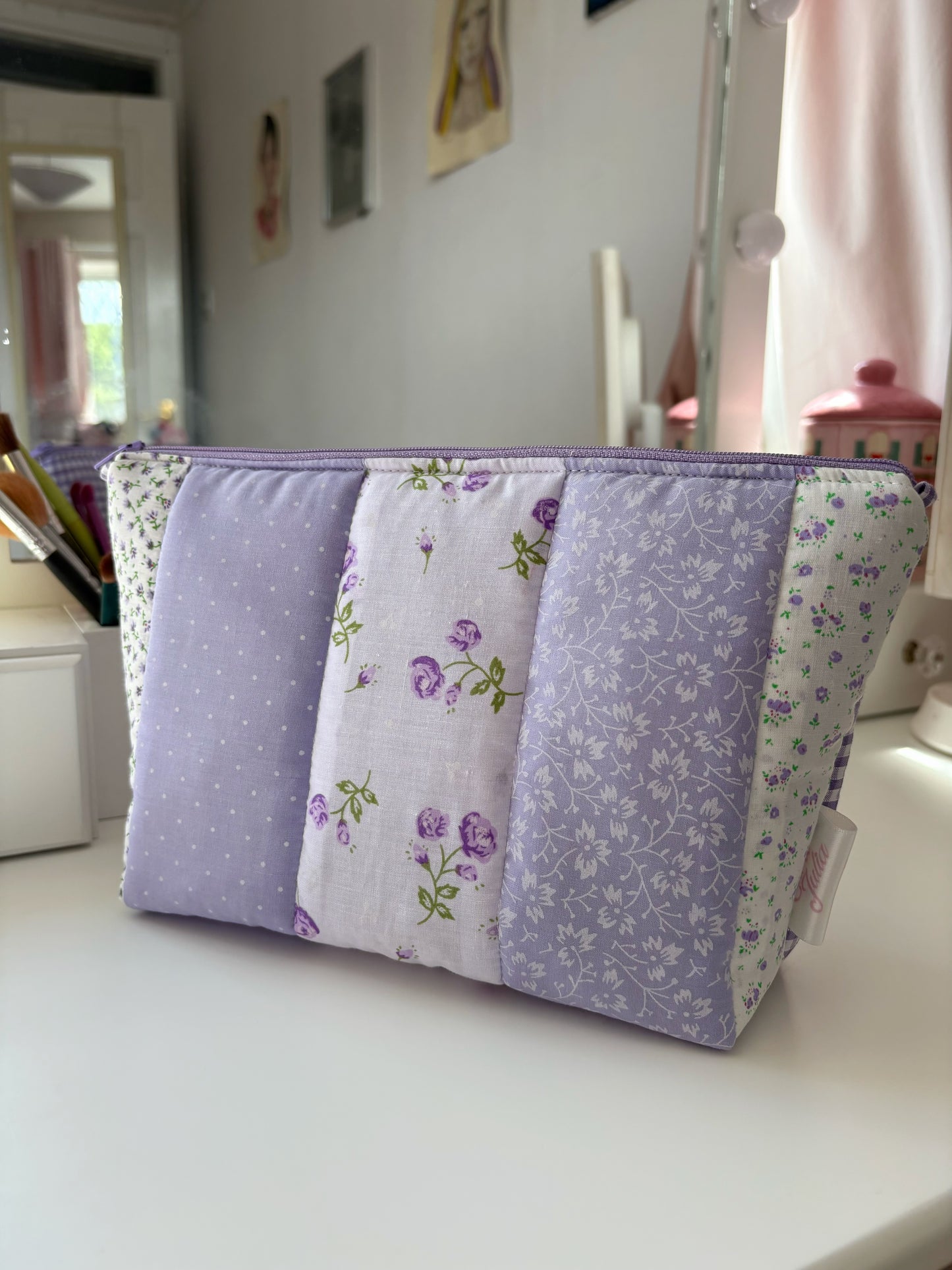 Handmade Floral Patchwork Quilted Makeup Bag with Gingham