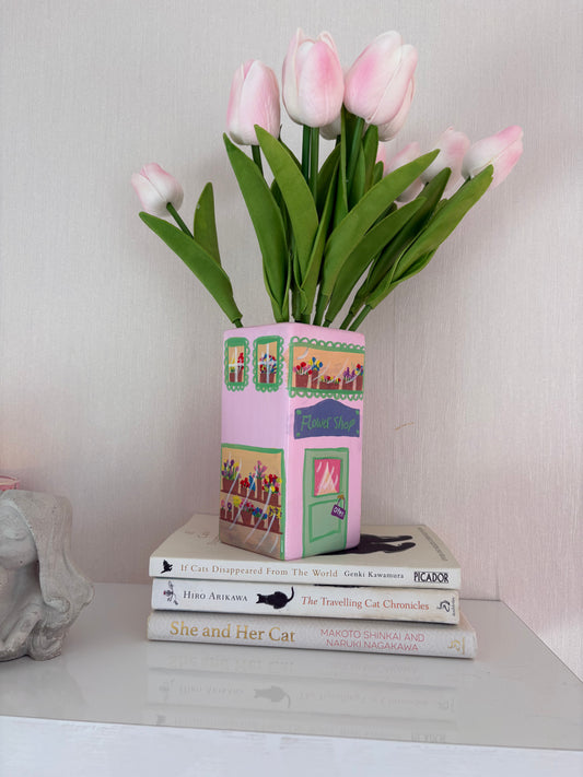 One of a Kind Pink Flower Shop Hand Painted Vase