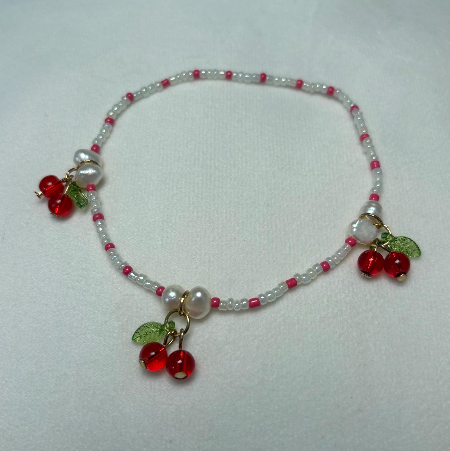 Red and white cherry fruit beaded pearl anklet
