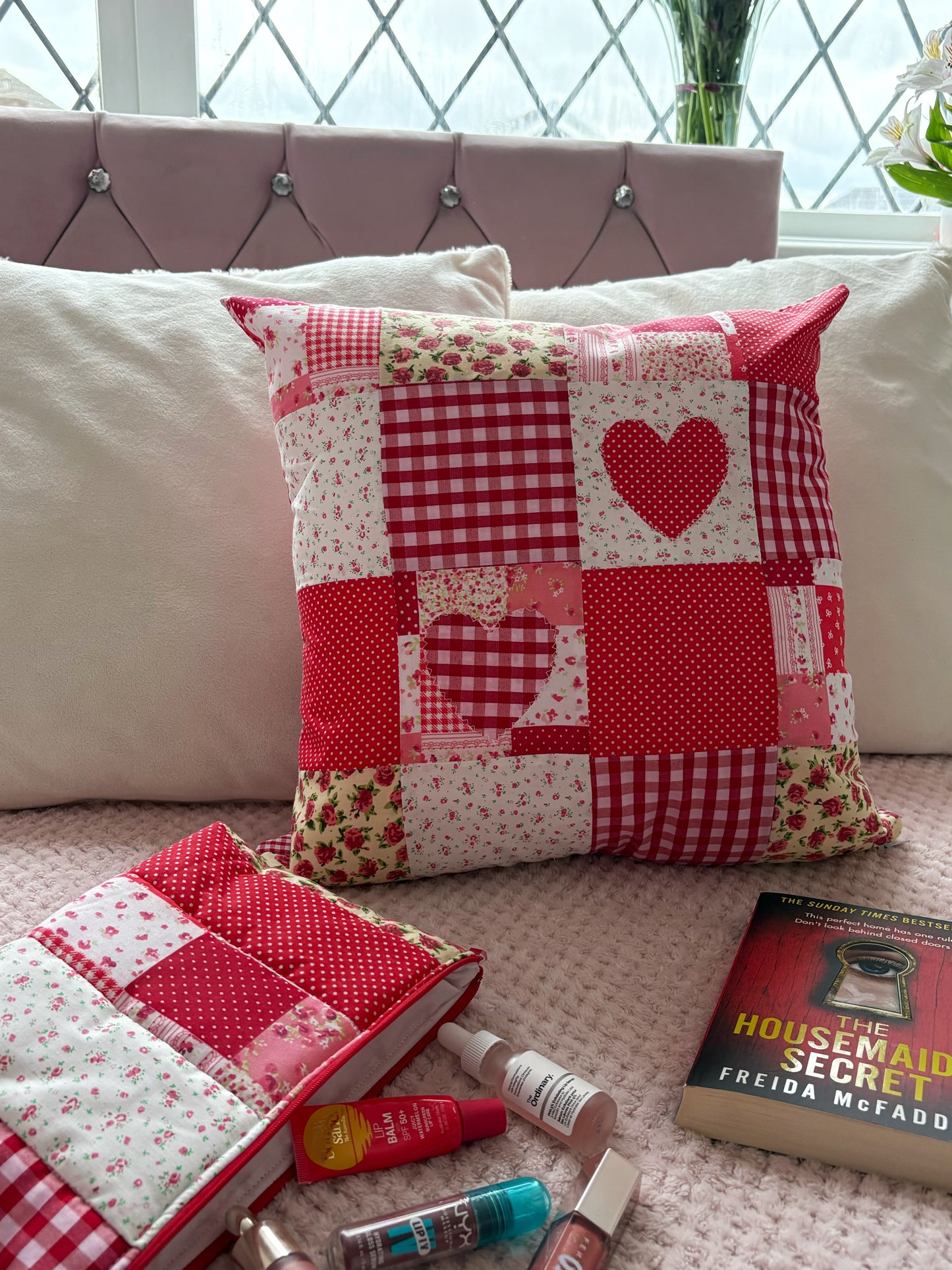 Handmade Heart Appliqué Patchwork Cushion