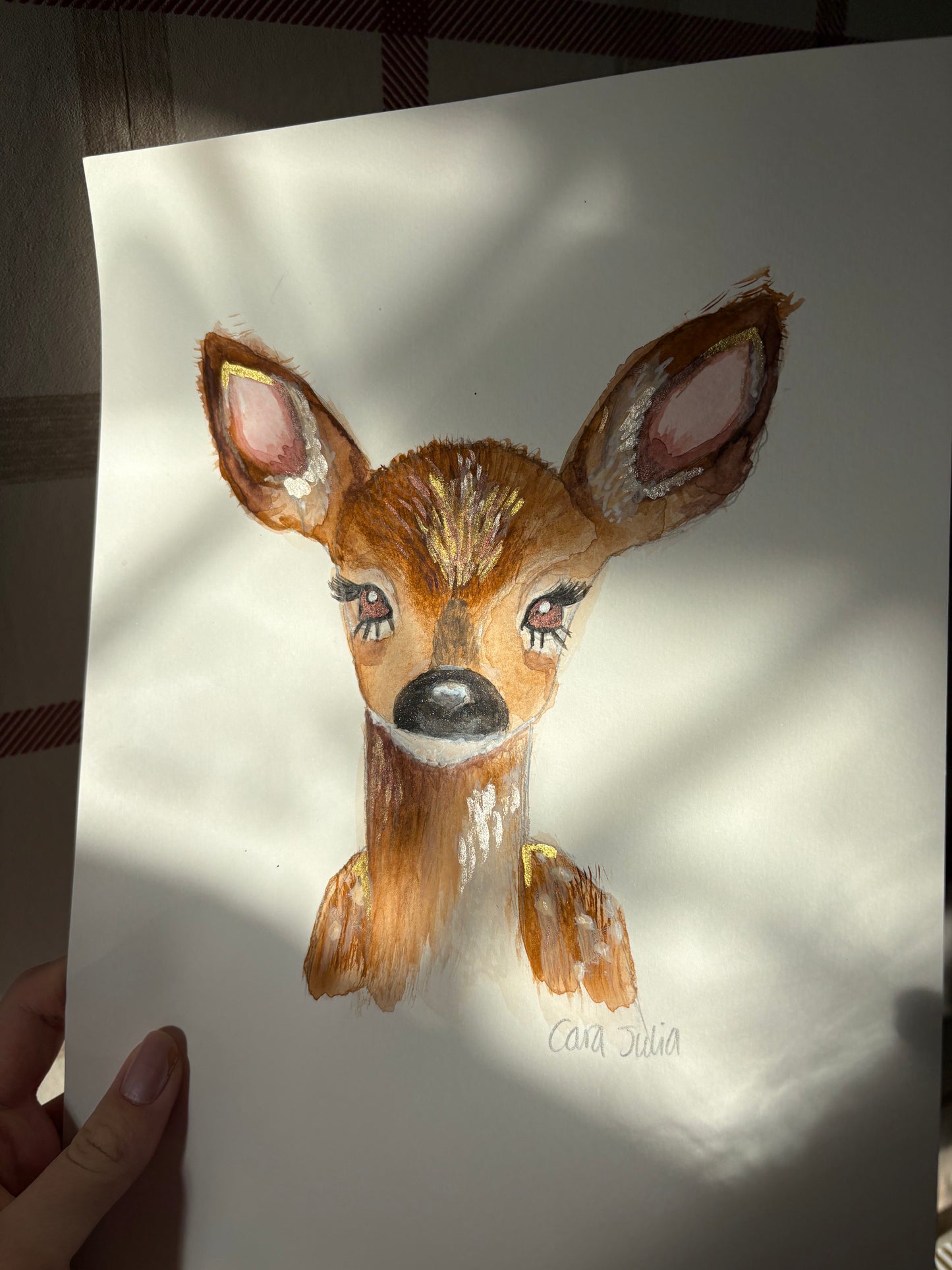 Original shimmer watercolour deer painting