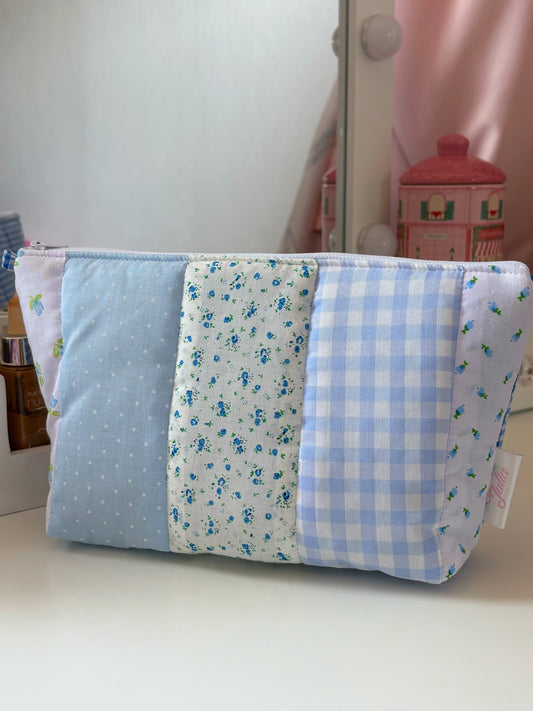 Handmade Floral Patchwork Quilted Makeup Bag with Gingham