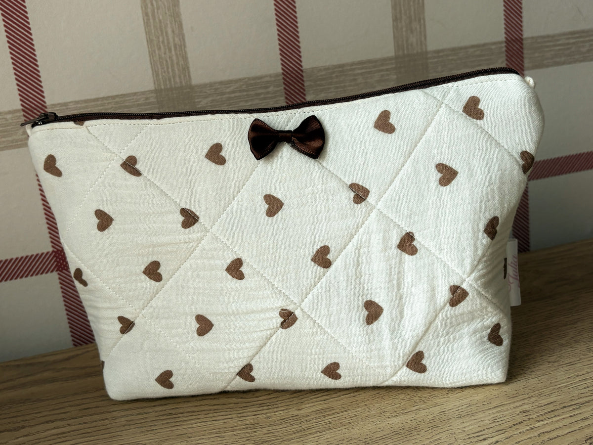 Handmade Brown Heart and Bear Quilted Makeup Bag