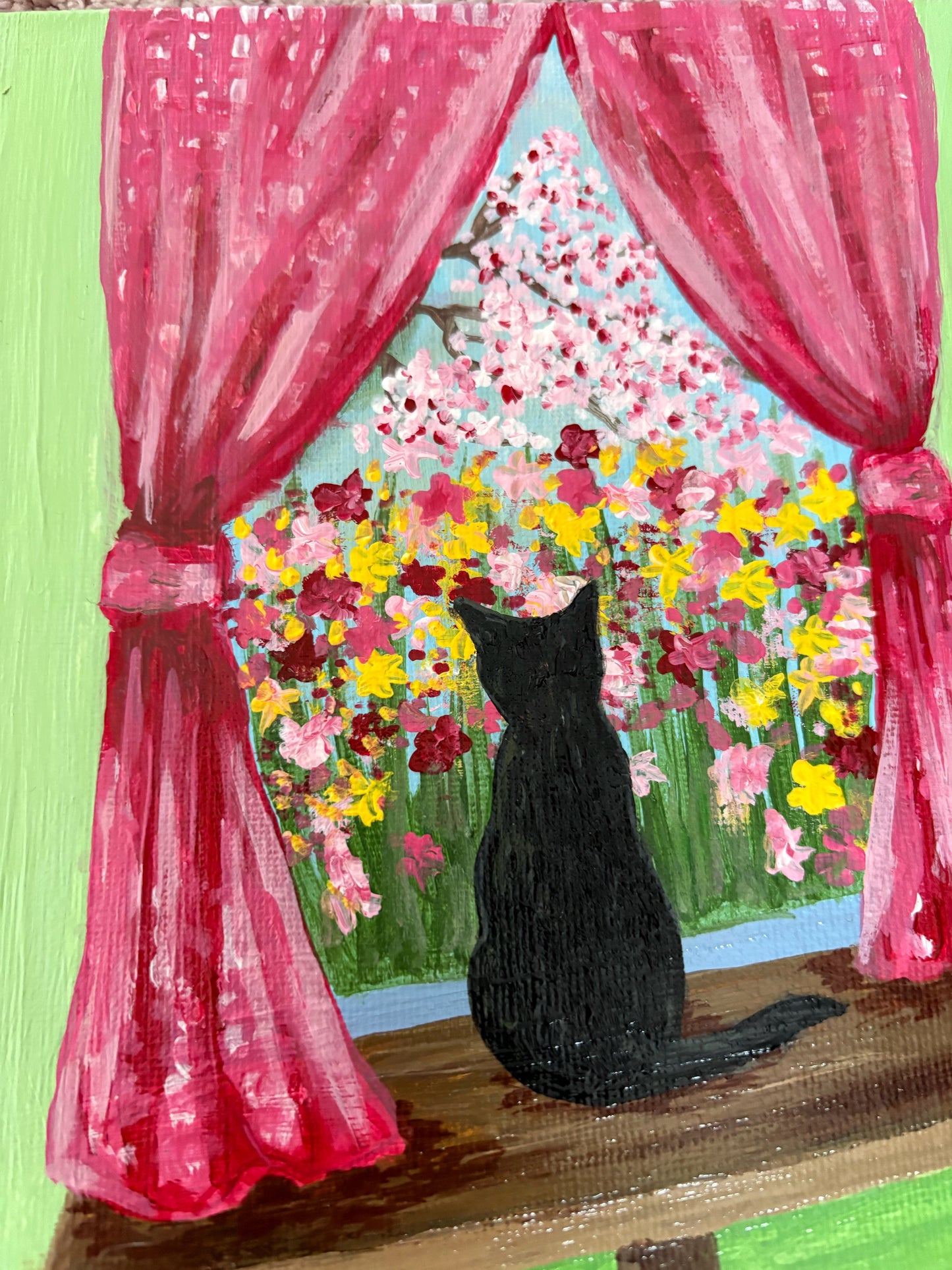 Original Acrylic Painting on Canvas, Black Cat Looking Out Window at Flowers
