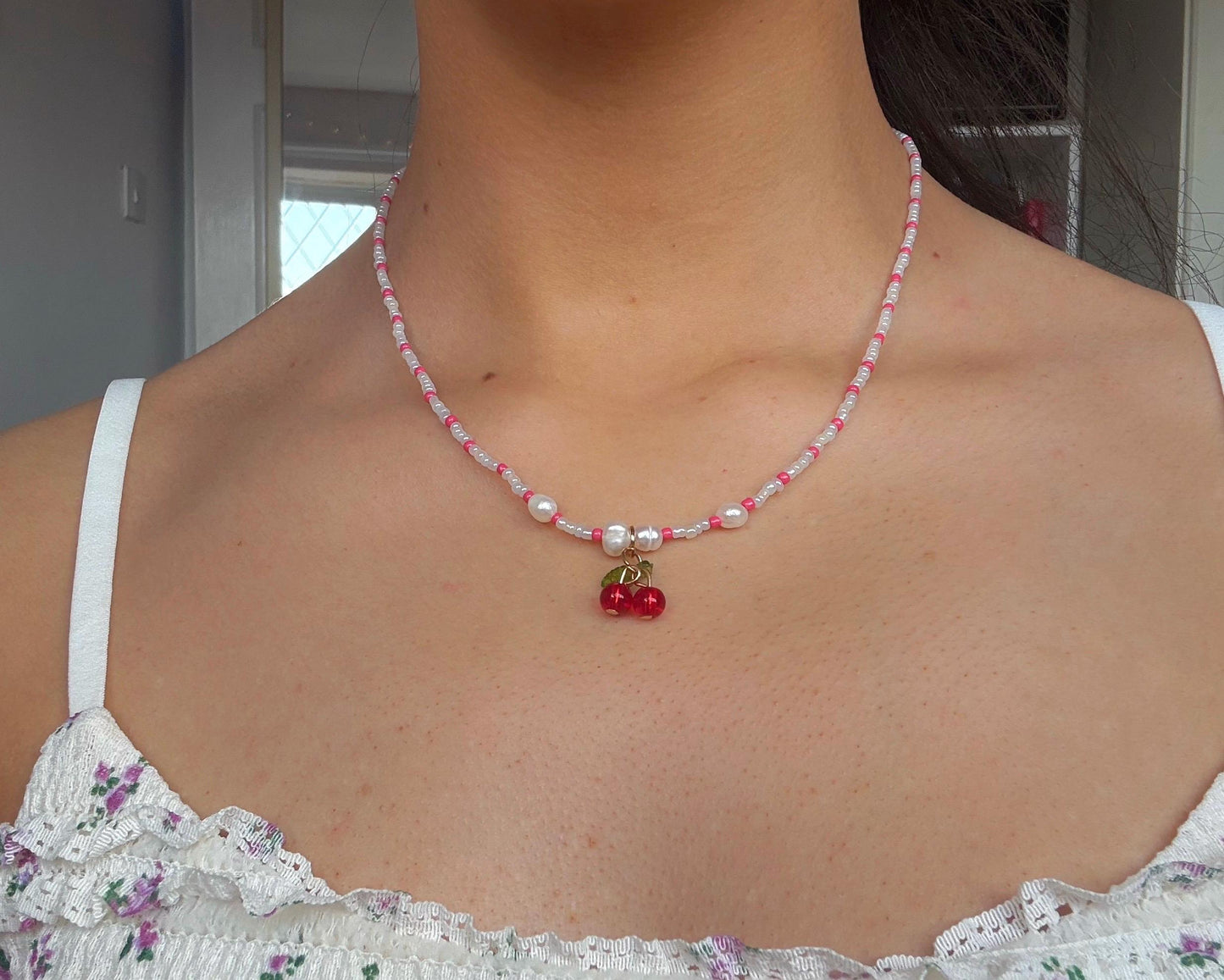 Pearl Beaded Cherry Red and White Necklace