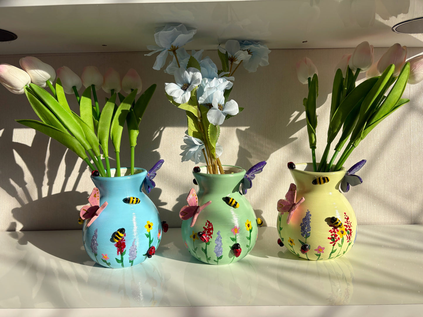 Pastel Wildlife Bulb Vase with Hand Painted Flowers and Clay Bees, Butterflies and Ladybugs