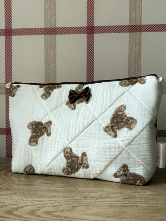 Handmade Brown Teddy Bear Print Makeup Bag