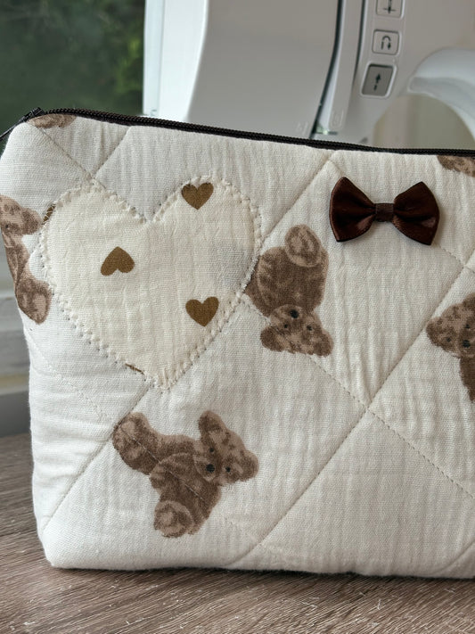Handmade Brown Teddy Bear Print Makeup Bag