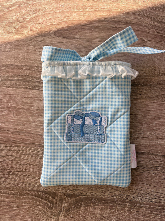 Blue and white gingham quilted kindle sleeve handmade with book appliqué