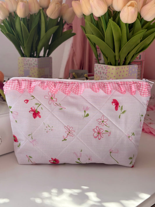 Handmade Pink and White Floral Frill Makeup Bag