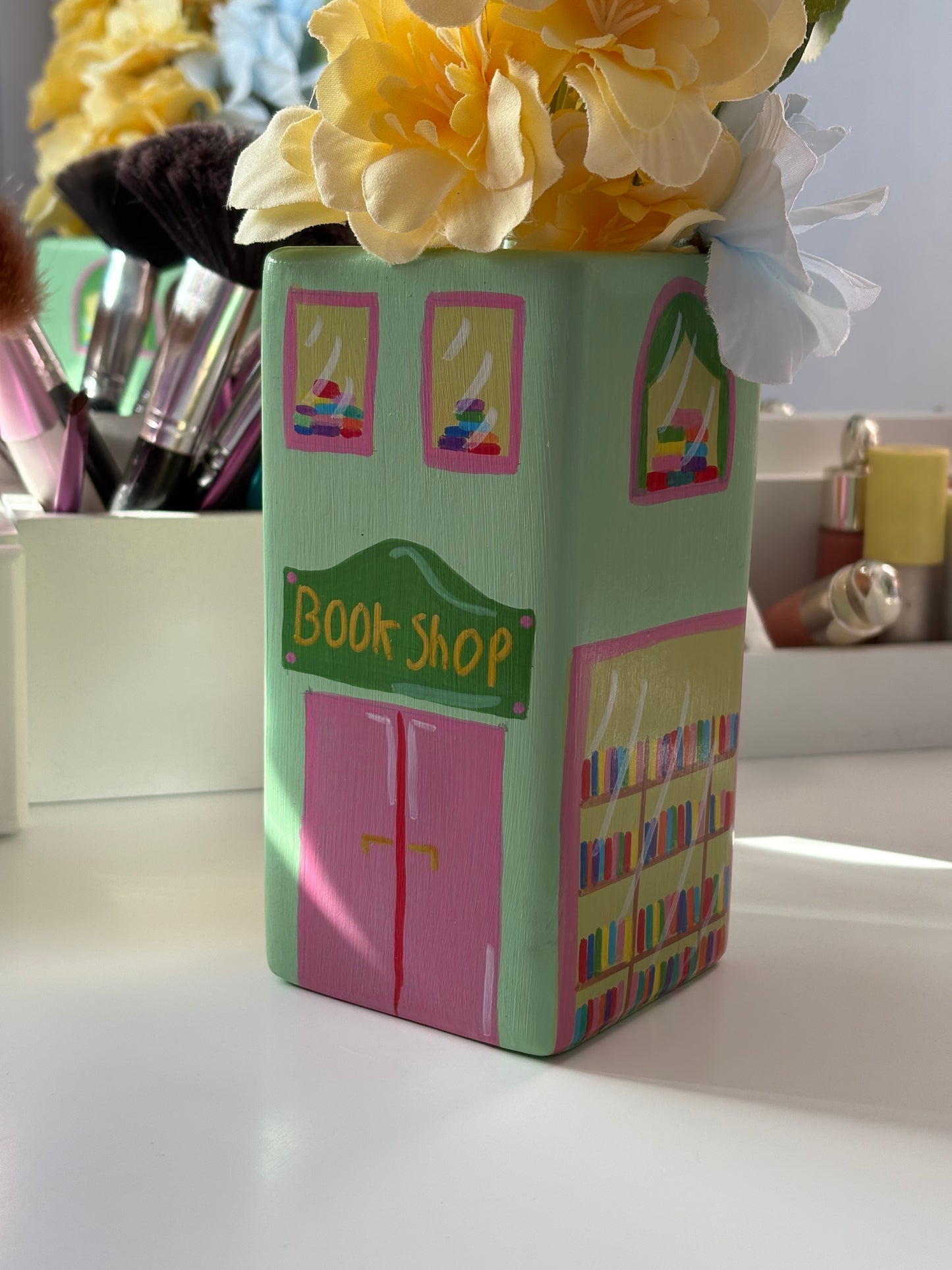 One of a Kind Green Book Shop Hand Painted Vase