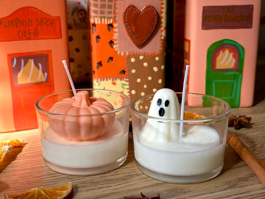 Set of Two Autumn Halloween Candles - Trick or Treat Ghost Candle and Pumpkin Spice Candle