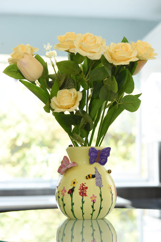 Pastel Wildlife Bulb Vase with Hand Painted Flowers and Clay Bees, Butterflies and Ladybugs