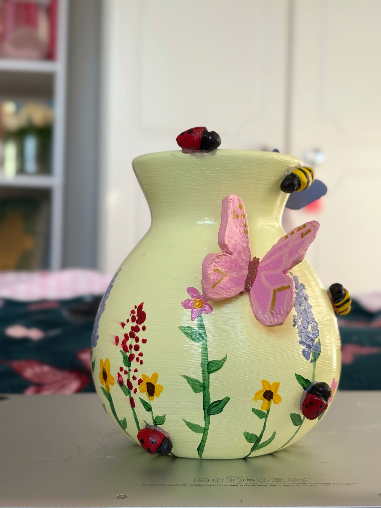 Pastel Wildlife Bulb Vase with Hand Painted Flowers and Clay Bees, Butterflies and Ladybugs