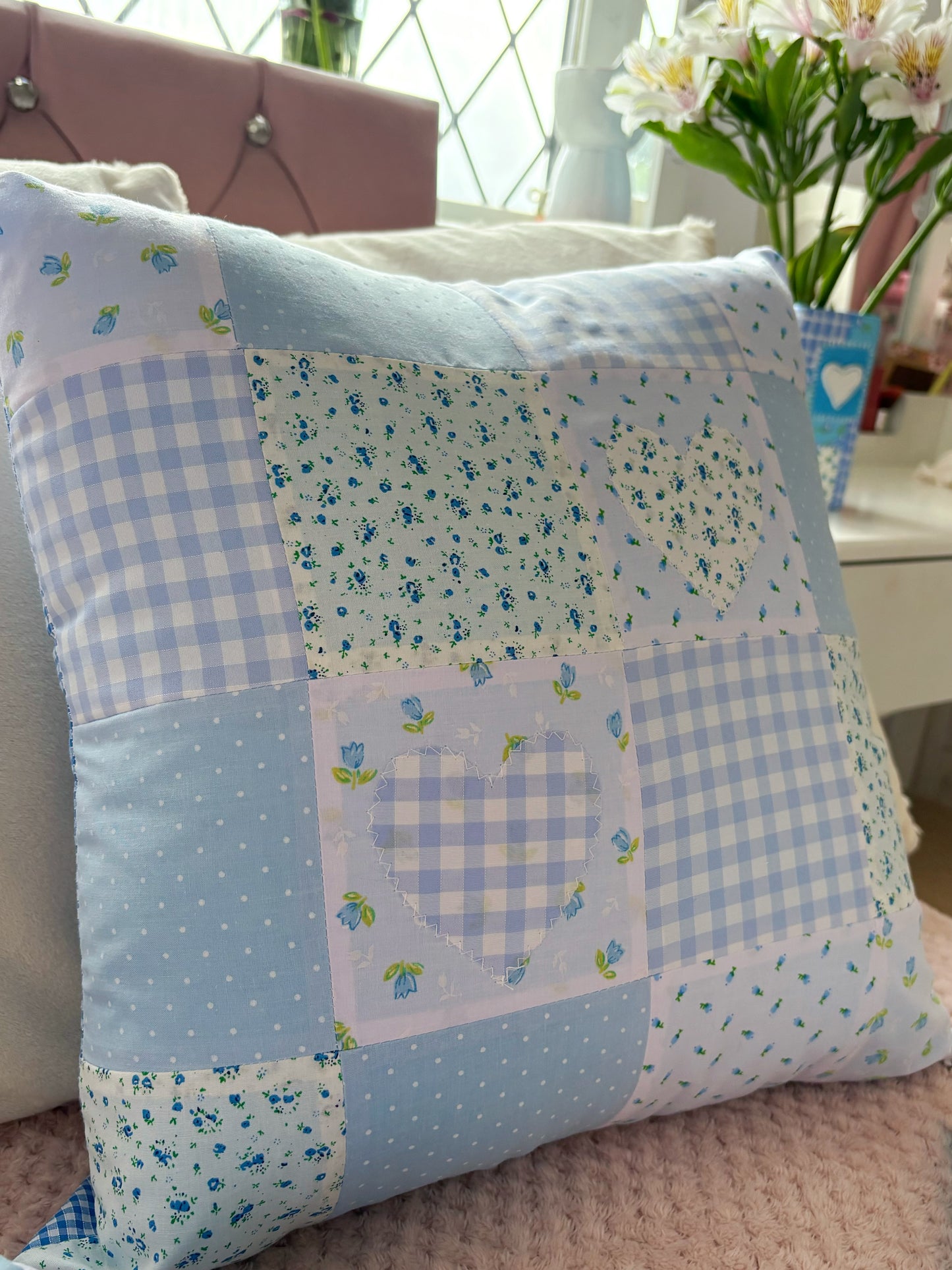 Handmade Heart Appliqué Patchwork Cushion
