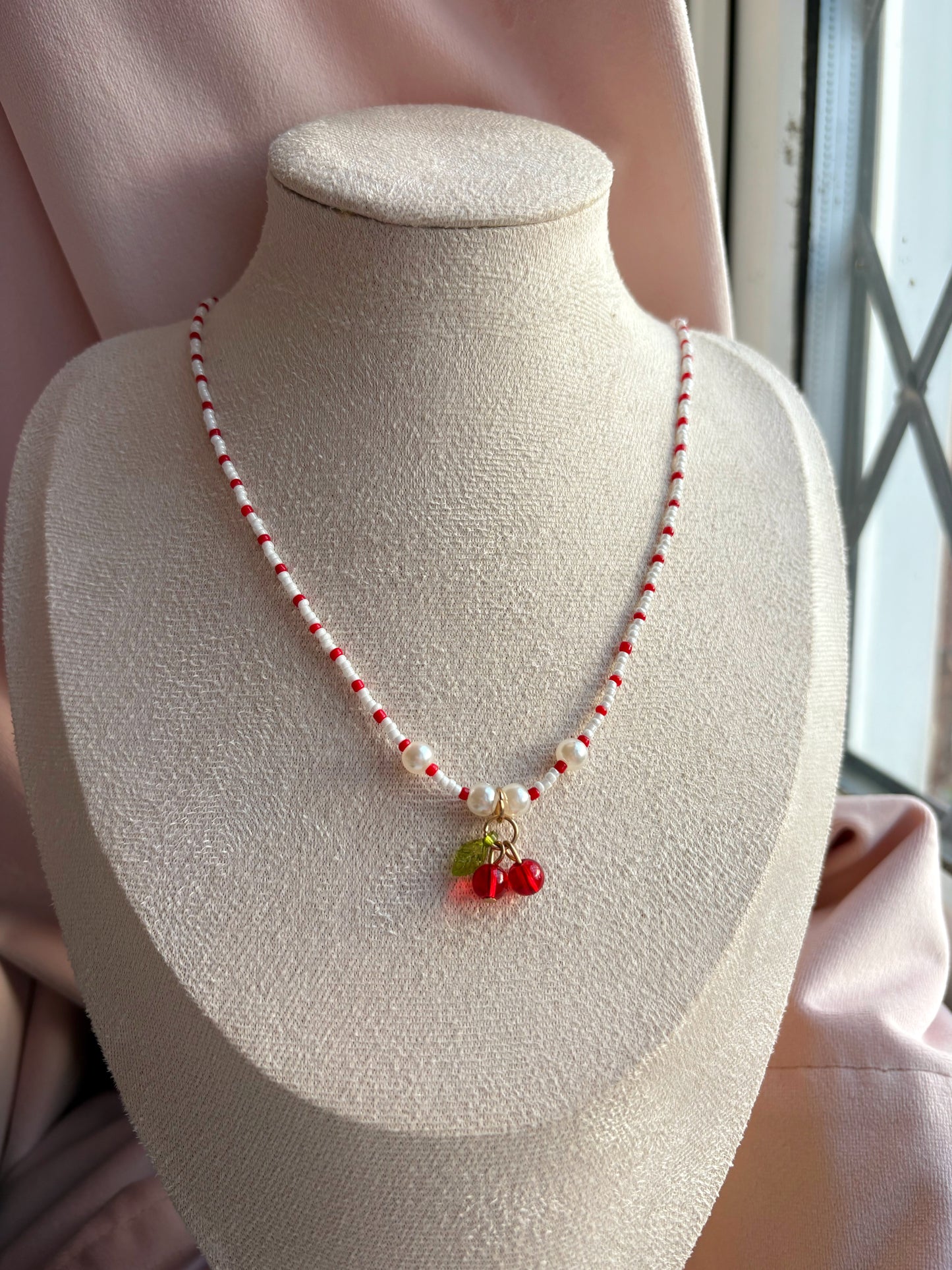 Pearl Beaded Cherry Red and White Necklace
