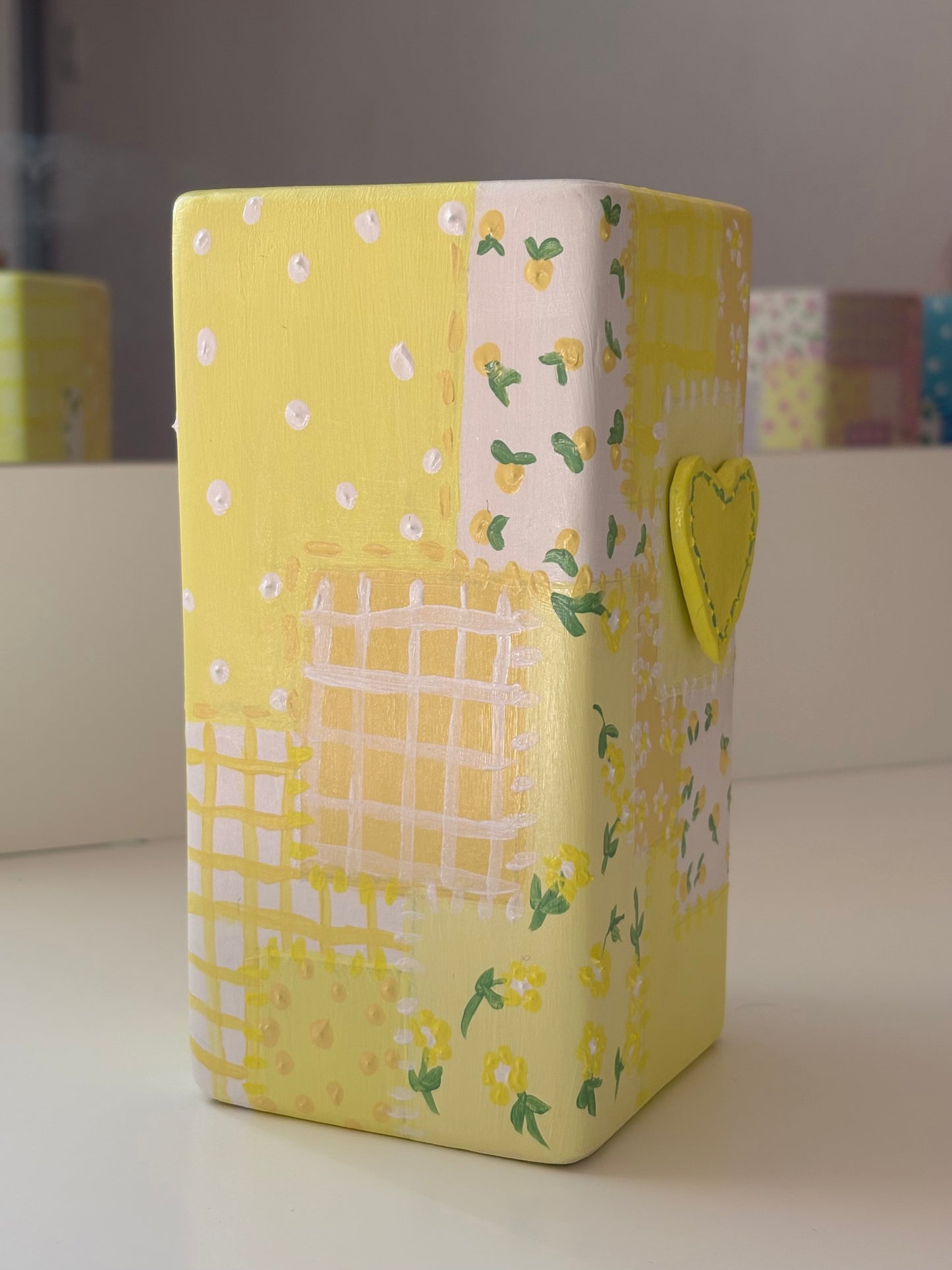 Hand painted patch work quilt vase with 3d heart and floral patterns