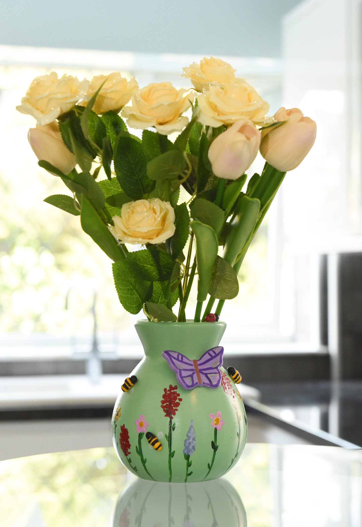 Pastel Wildlife Bulb Vase with Hand Painted Flowers and Clay Bees, Butterflies and Ladybugs
