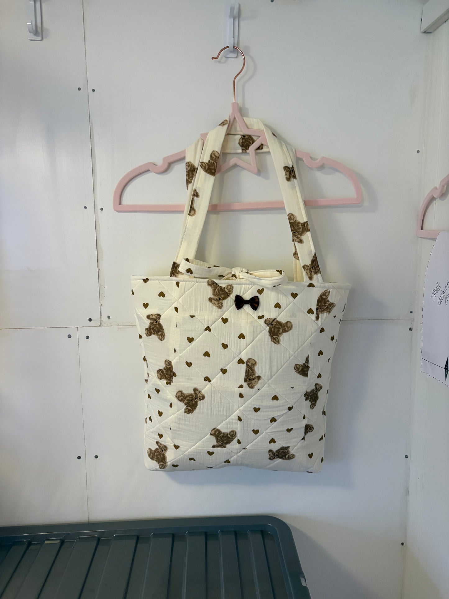 Cream and Brown Quilted Patchwork Hearts and Teddy Bear Tote Bag