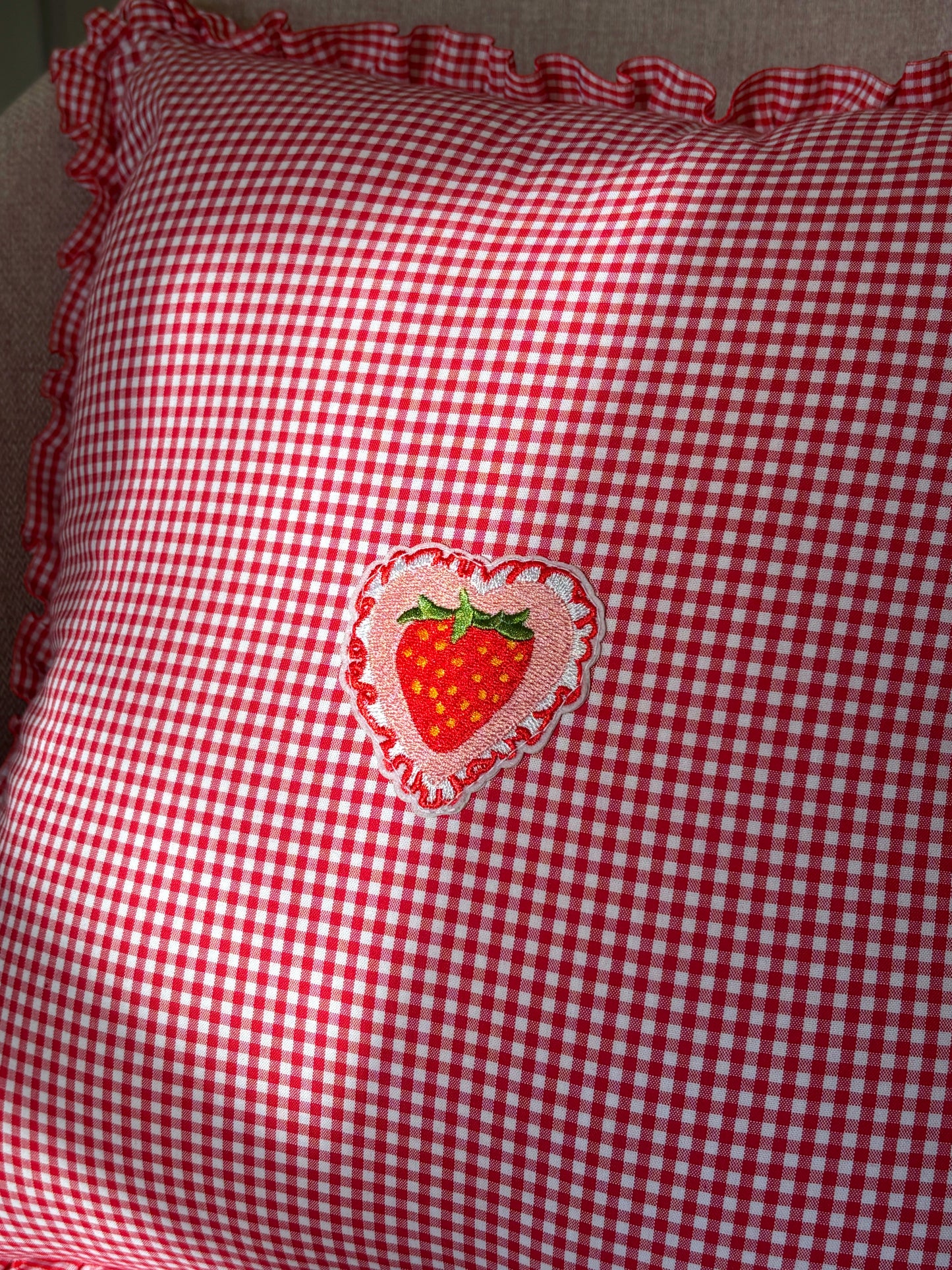 Red Gingham and Ruffle Cushion with Appliqué Strawberry Heart