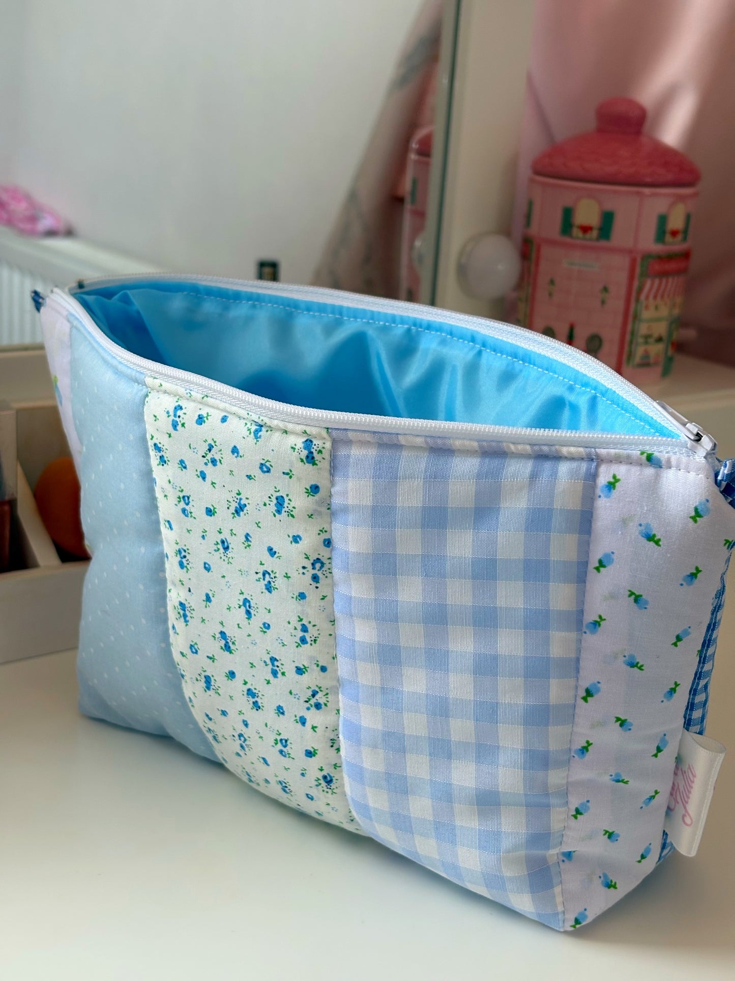Handmade Floral Patchwork Quilted Makeup Bag with Gingham