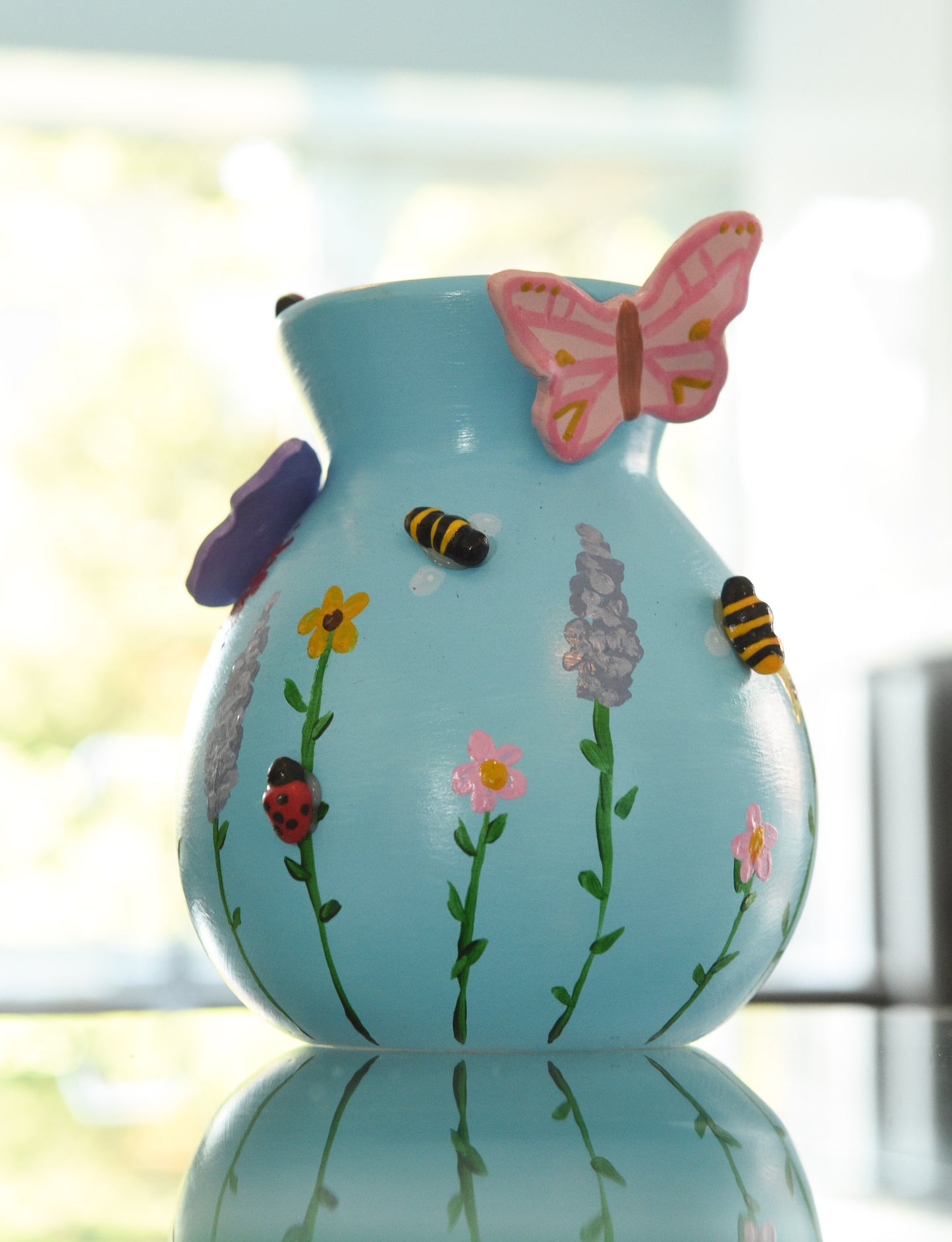 Pastel Wildlife Bulb Vase with Hand Painted Flowers and Clay Bees, Butterflies and Ladybugs